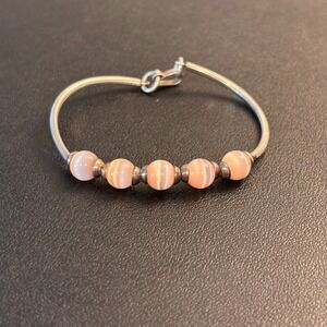 Vintage Mexico 925 Signed SIlver Pink Stone Clasp Bangle Bracelet Size 7"